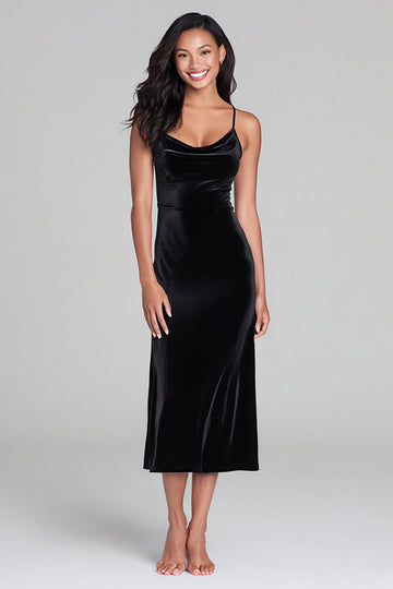 Simple Black Sheath Spaghetti Straps Midi Holiday Dress